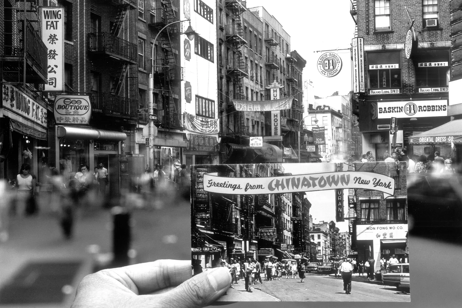 An image of early Chinatown held over a landscape of the same area today.